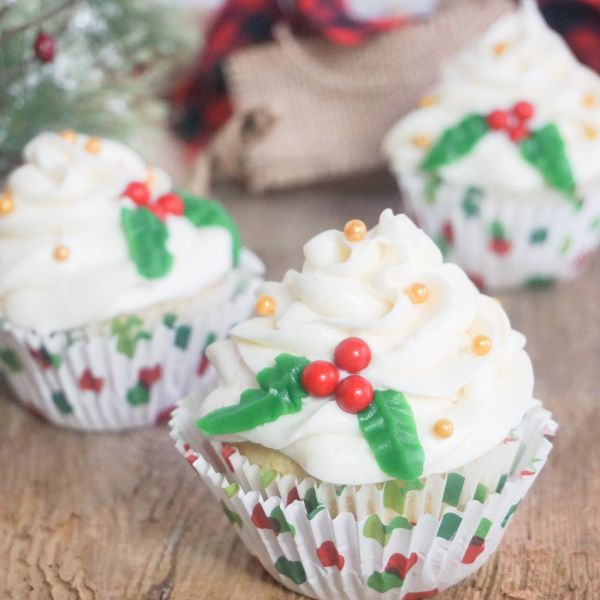 decorated Christmas holly cupcakes