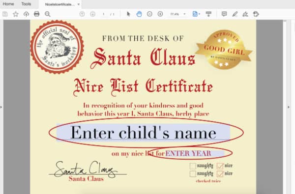 how to edit Santa Nice List Certificate