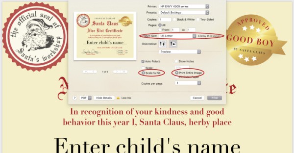 how to print Santa Nice List Certificate