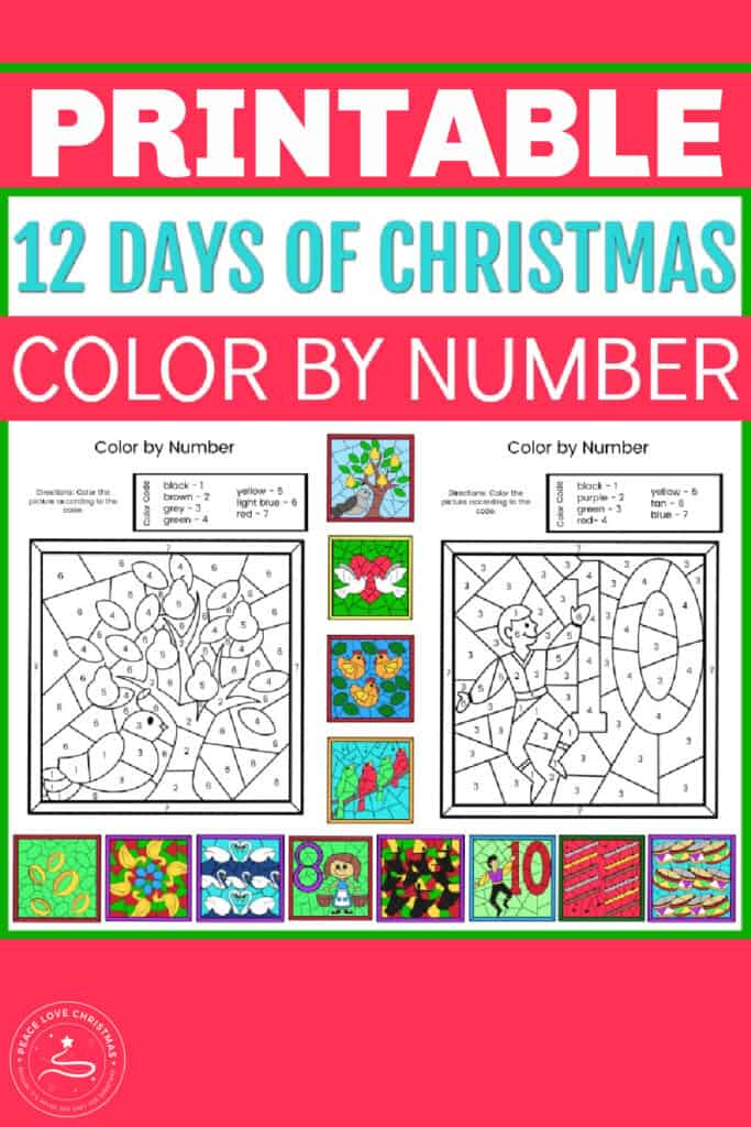 12 days of Christmas color by number printable set