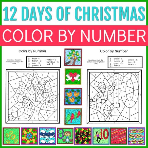 12 days of Christmas color by number printable set - free download