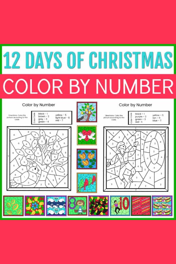 12 days of Christmas color by number printable set