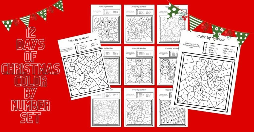 12 days of Christmas color by number printable set