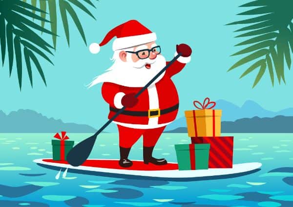 Christmas in July Santa on a surfboard