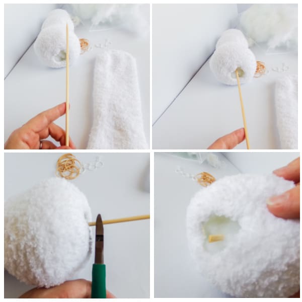 steps for making a sock snowman that stands up on a flat surface