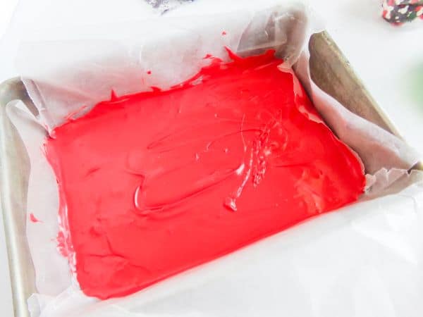 rectangle pan of melted red candy melts