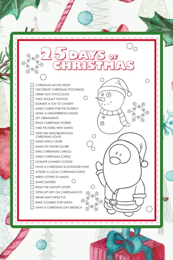 25 days of christmas activity sheet for kids