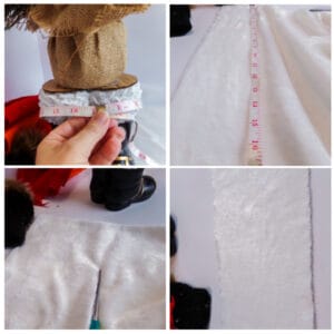 measuring and cutting white fabric for a snowman tree
