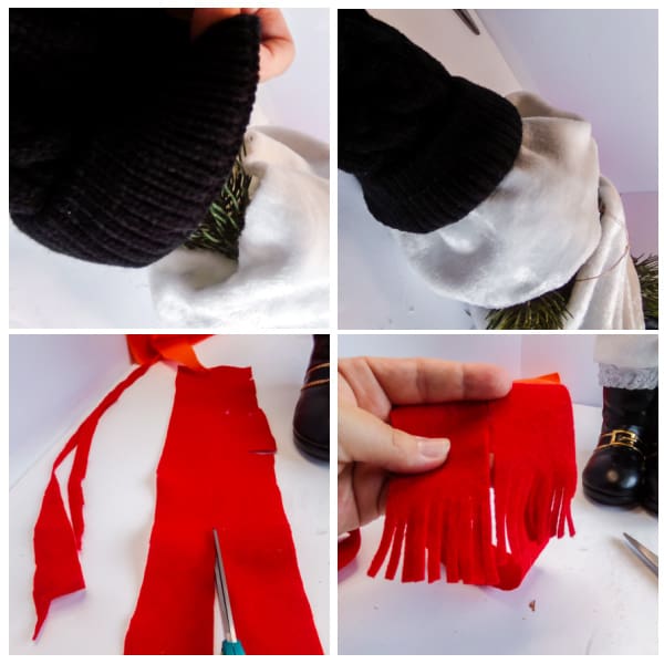 making a scarf and adding a hat to a snowman Christmas tree
