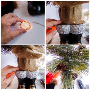 adding fairy lights to a snowman Christmas tree
