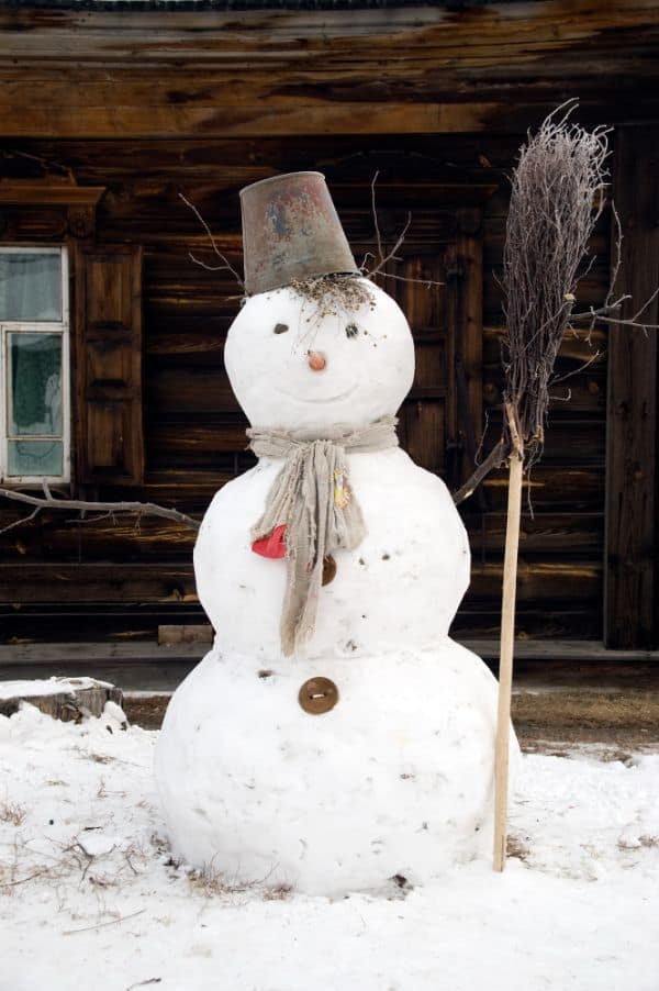 snowman with metal can on his head