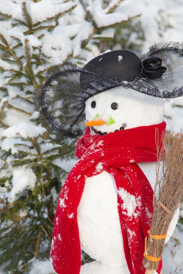 snowman with fancy black hat and red scarf