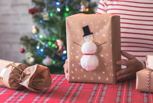 snowman on a package made with cotton balls