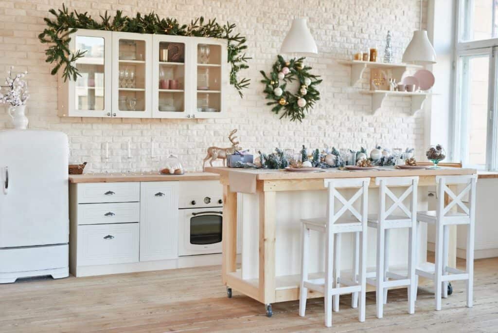 white kitchen decorated for Christmas