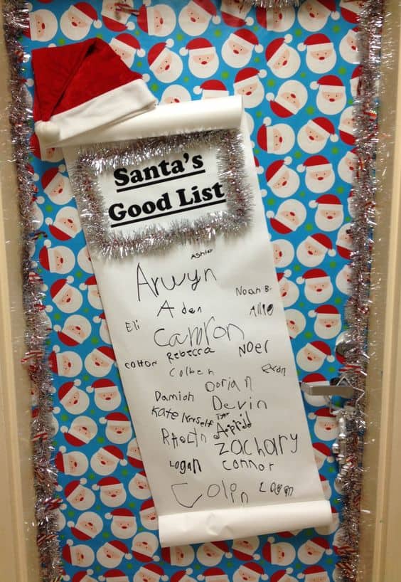 Classroom door decoration with a list of nice kids