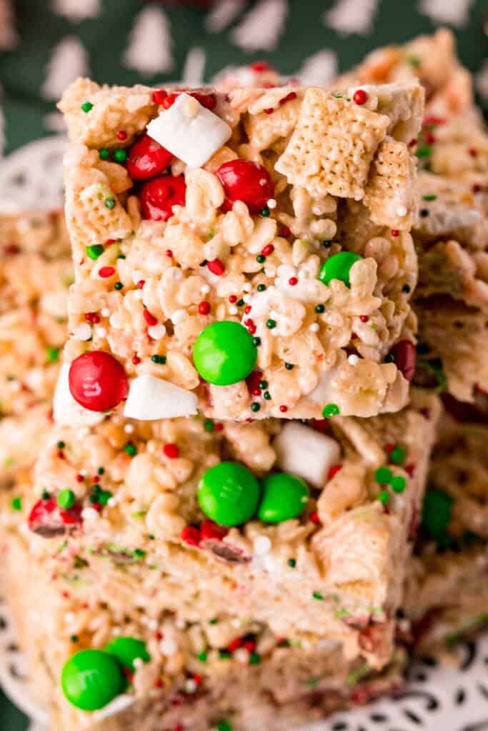 Stack of rice krispie treats with m&m's