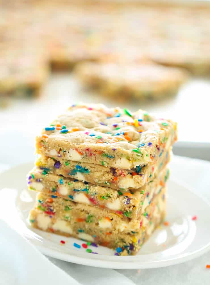stack of funfetti bars on a white plate