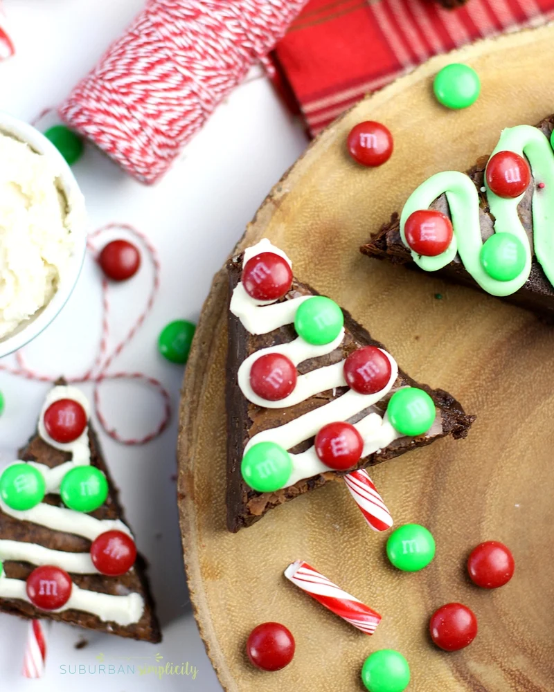 brownie christmas tree pieces with m&m's