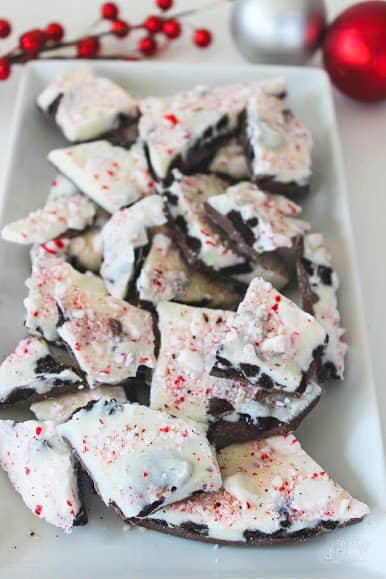 Top view of oreo peppermint bark on a plate