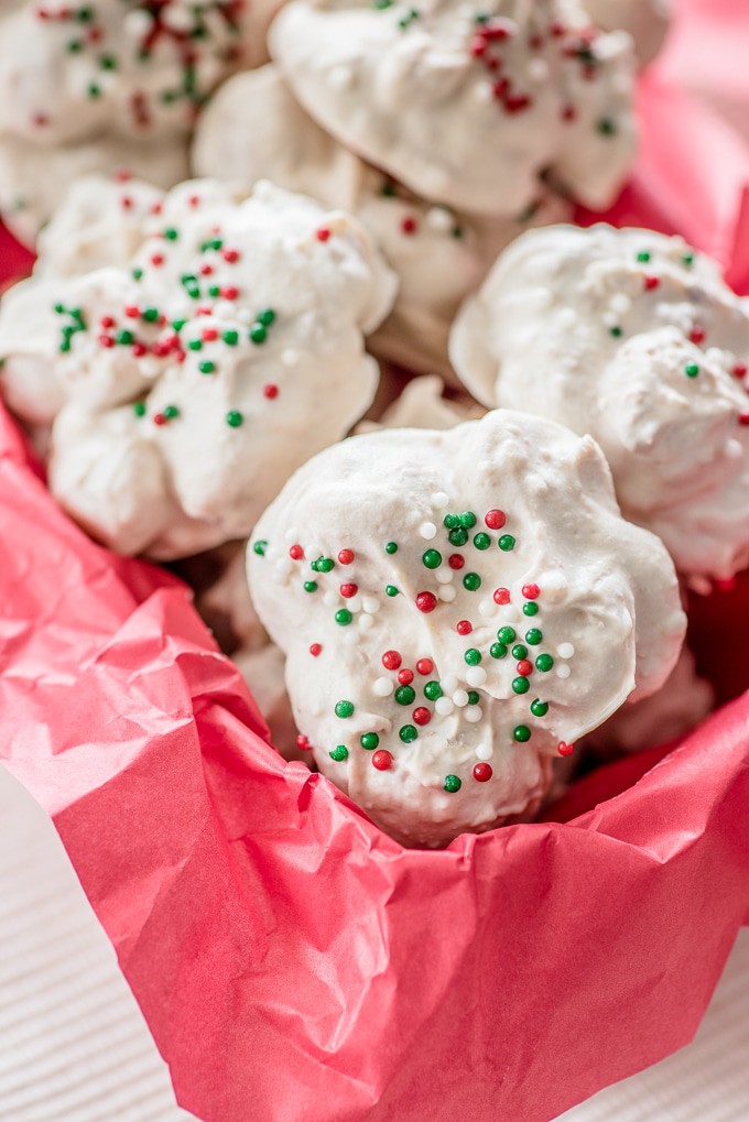crockpot Christmas candy with green and red sprinkles