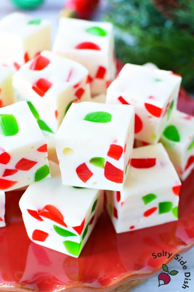 Nougat candy with red and green gumdrops