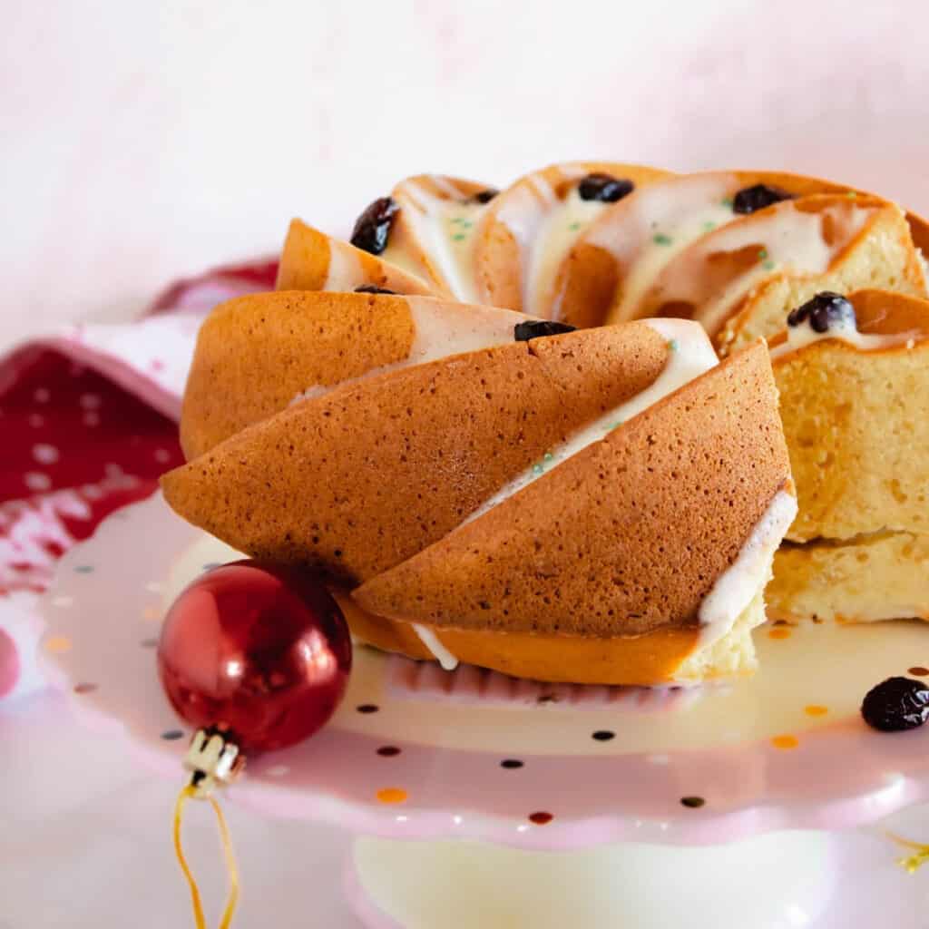 close up view of eggnog bundt cake