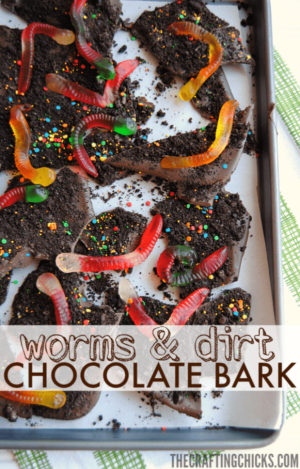 pan of gummy worms with chocolate barks