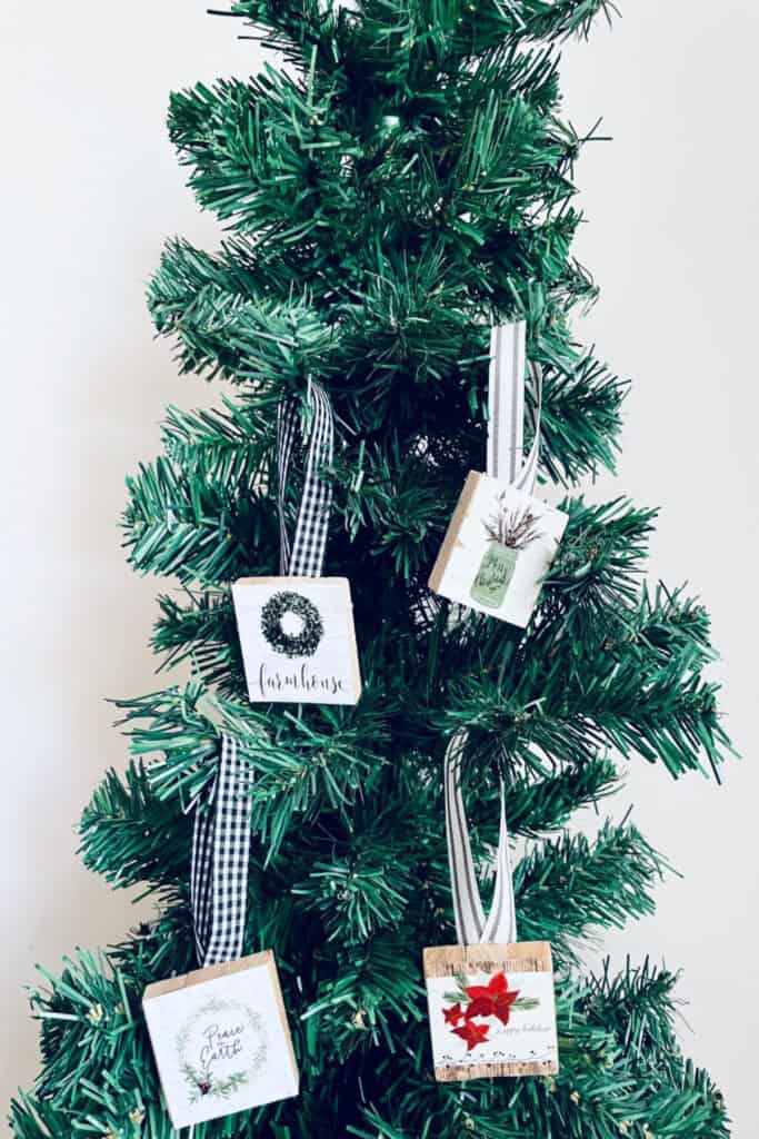 dollar tree jenga ornaments hanged on a christmas tree