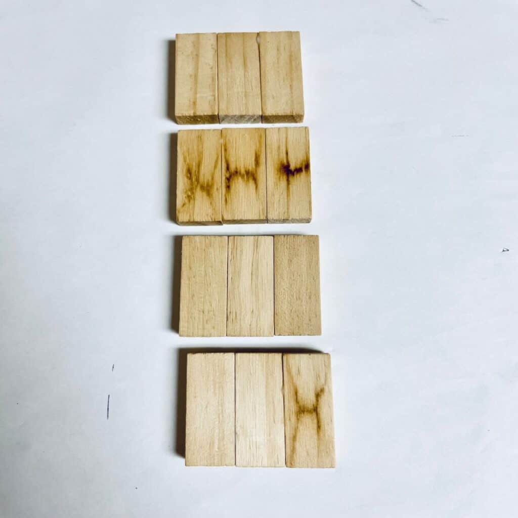 4 sets of 3 jenga pieces glued together