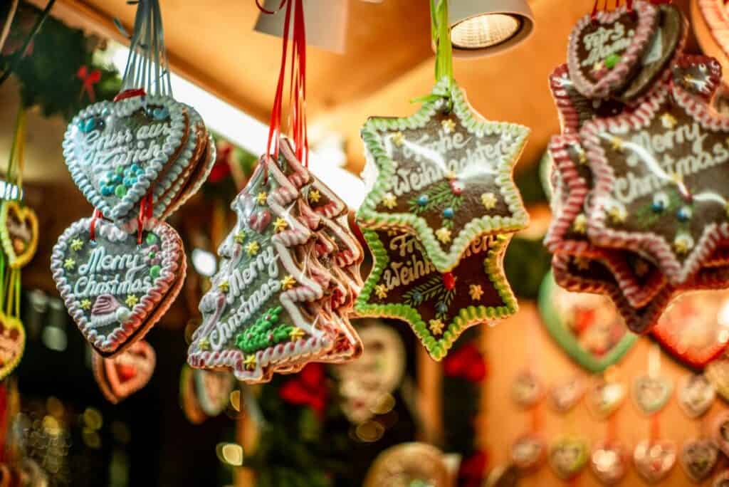 German gingerbread cookies hanging at a market