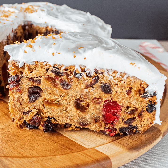 Close up view of a slice of British Christmas cake