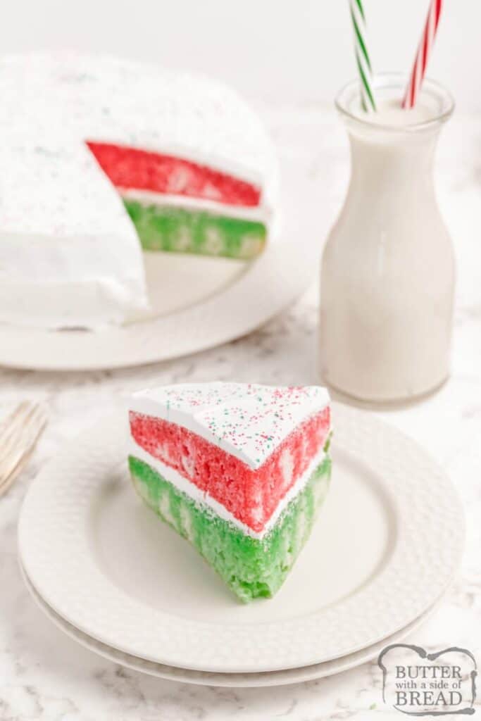 slice of green and red jelo cake on a plate