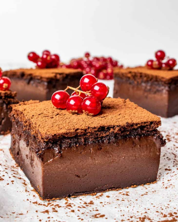 Square slices of chocolate cake with cherries on top