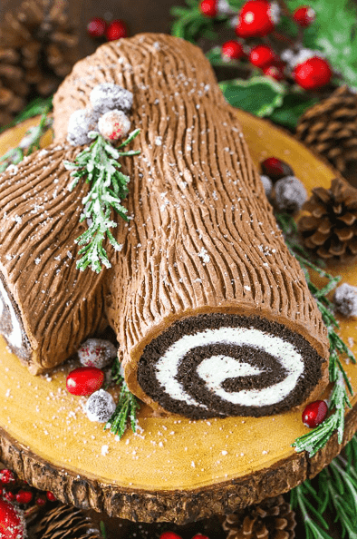 Yule log cake with Christmas decors