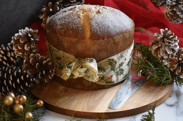 Panettone cake with a Christmas ribbon