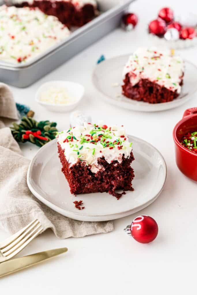 Red velvet Christmas poke cake on a plate