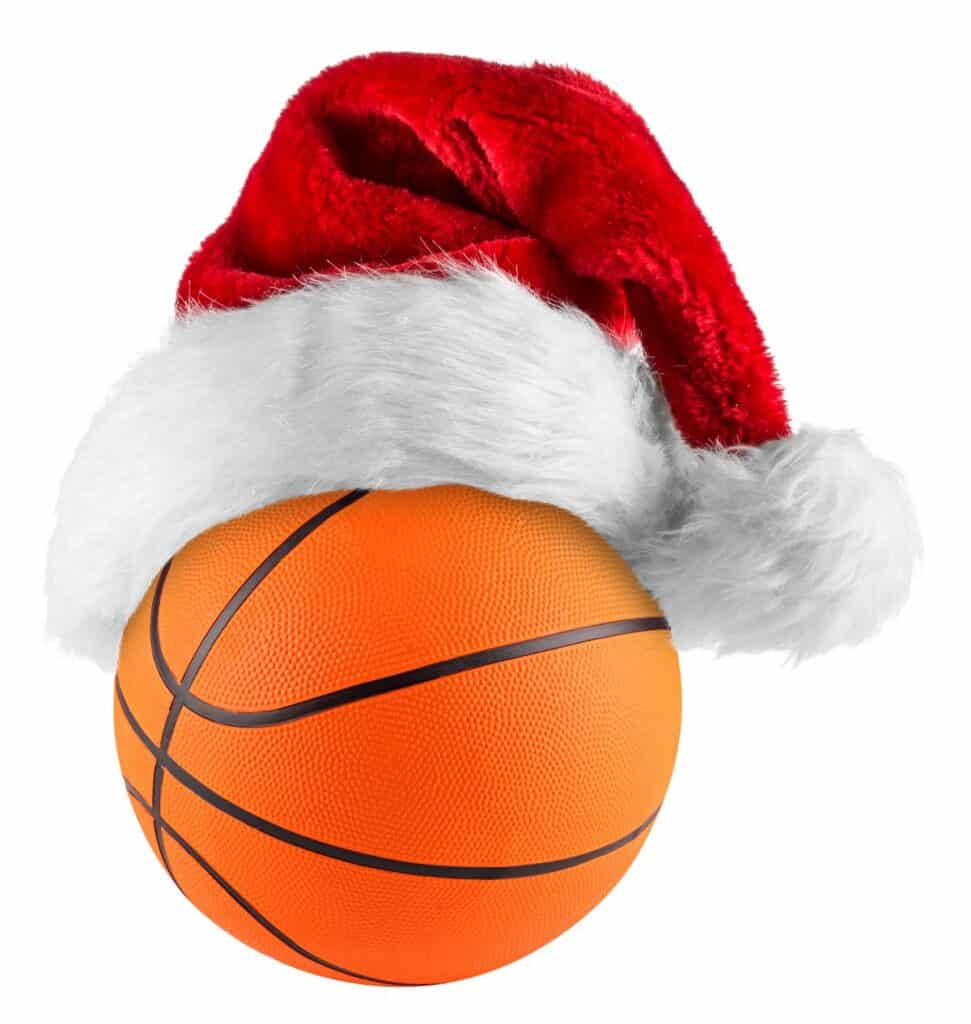 basketball with a Christmas hat