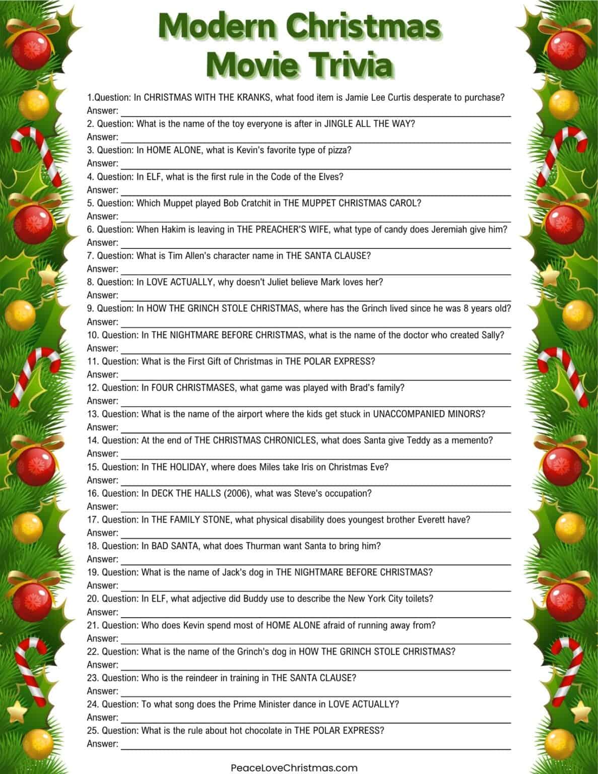 70 Free Christmas Movie Trivia Printables for Fun Games Peace Love